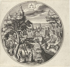 September by Adriaen Collaert, created 1578 - 1582, in paper; engraving. Download this artwork as a high-resolution wallpaper for desktop, tablet, or mobile. — Adriaen Collaert Wallpaper