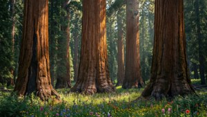 Riesige Sequoia-Bäume mit Wildblumen, inspiriert von macOS Sequoia