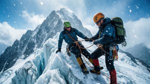 Dua pendaki di puncak alpine bersalju dengan kristal es dan rasa bahaya