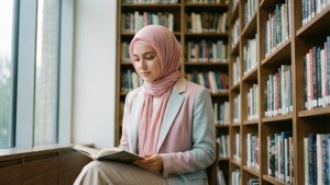 Portrait paisible de bibliothèque d'une fille en hijab lisant, lumière naturelle douce