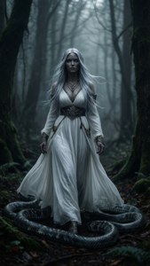 Gwyndolin geht durch einen nebligen Wald mit Schlangen zu ihren Füßen.