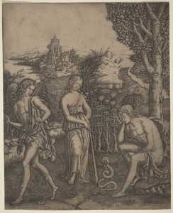Serpent Speaking to a Young Man by Marcantonio Raimondi, in engraving. Download this artwork as a high-resolution wallpaper for desktop, tablet, or mobile. — Marcantonio Raimondi Wallpaper