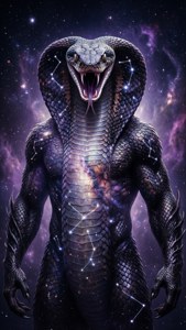 Una silueta de hombre-bestia serpiente llena de una galaxia estrellada, doble exposición mística.