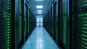 Symmetrisk serverfarm med rader av grønne indikatorlys