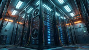 Een futuristische serverruimte met rijen rack-gemonteerde pc's en knipperende blauwe LED's.