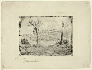 Setting Sun by Camille Pissarro, created 1879, in Aquatint and drypoint in black on buff laid paper. Download this artwork as a high-resolution wallpaper for de — Illustration Wallpaper