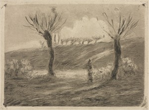 Setting Sun by Camille Pissarro, created 1879, in drypoint and aquatint. Download this artwork as a high-resolution wallpaper for desktop, tablet, or mobile. — Camille Pissarro Wallpaper