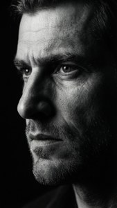 En slående högkontrastprofil av Samuel Sartain med dramatiska skuggor.