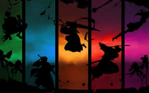 Anime warriors in silhouette leaping across colorful sunset panels. — Dark Textured Background
