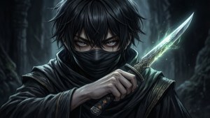 Un ragazzo anime mascherato con un pugnale luminoso si aggira nell'ombra.