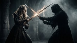 Wallpaper bergaya noir tentang duel dramatis antara penyihir dengan tongkat-pedang.