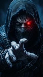 Cyrax framträder ur mörkret med glödande öga