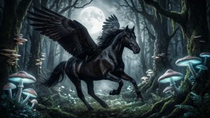 En sort bevinget hest galopperer gennem en månebelyst skov med lysende svampe og høj kontrast.