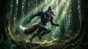 Shadow Fox Zoid correndo por uma floresta antiga banhada pelo sol