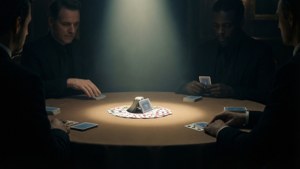 Cena noir escura de Baccarat com holofote nas cartas