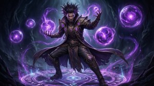 Omen casting spells in a dark void with runes