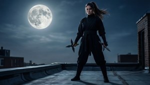 Zia som ninja på et tag under fuldmånen.