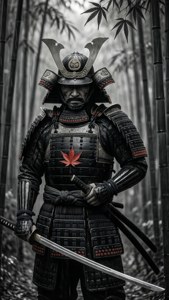 A black-armored samurai in a bamboo forest during rain, minimalist style.