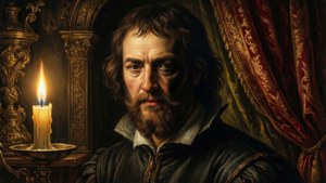 Eine stimmungsvolle Ölgemälde-Tapete von Gian Battista Bolognini in einem von Kerzen erleuchteten Arbeitszimmer, Barockstil
