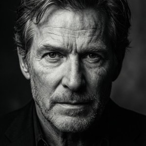 Kevin Kline in un ritratto in bianco e nero con ombre drammatiche.