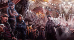 Crowd dancing at a fantasy-themed nightclub with glowing lights and stage.