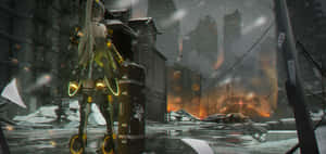 Cyberpunk girl with glowing joints stands in snowy ruined city with burning buildings.