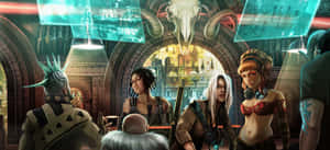 Alien patrons gather in a neon-lit sci-fi bar with glowing screens and ornate decor.