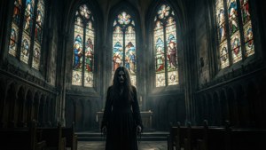 A dark cathedral interior with stained glass and a shadowy figure, religious horror. — Remnant 2 Wallpaper