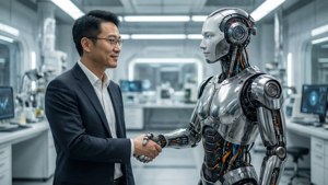 Jensen Huang berjabat tangan dengan robot humanoid di laboratorium futuristik