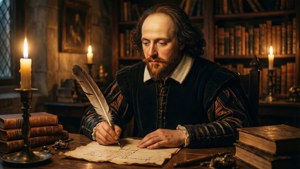 Shakespeare skriver ved levende lys i sit studere, omgivet af bøger.