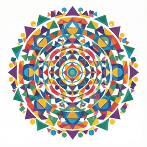 Carta da parati geometrica simmetrica con i personaggi Meet the Shapes disposti in un colorato mandala