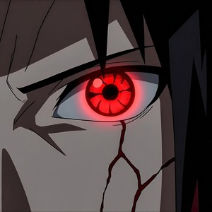 Anime character's glowing red eye with dark cracks radiating from the corner. — Kakashi Pfp Wallpaper