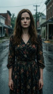 A woman in a floral dress stands on a wet street in a small town during rain. — Eliza Scanlen Picture