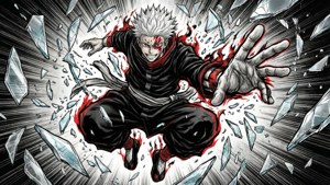 Satoru Gojo breaking through infinity in dynamic manga-style action.