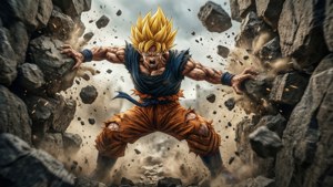 Goku traverse une barrière rocheuse en Ultra Instinct, symbolisant le dépassement des limites.