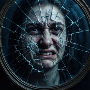 Um espelho quebrado reflete um rosto franzido e distorcido, capturando a essência do pessimismo.