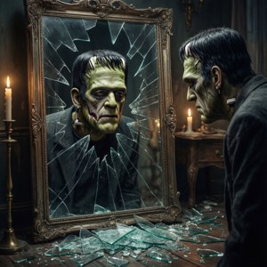 Frankensteins monster kijkt naar zijn eigen versplinterde weerspiegeling in een gebroken spiegel