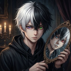 Edgy animegutt med splittet hår og knust speil.