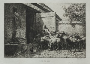 Sheepfold by Charles Emile Jacque, created 1865, in etching. Download this artwork as a high-resolution wallpaper for desktop, tablet, or mobile. — Charles Emile Jacque Wallpaper