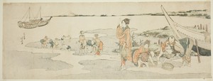 Shellfish gathering by Katsushika Hokusai, created c. 1800, in Color woodblock print; surimono. Download this artwork as a high-resolution wallpaper for desktop — Art Picture