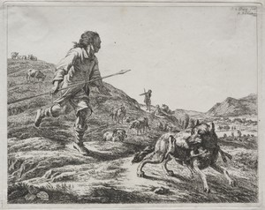 Shepherd Chasing a Wolf by Adam von Bartsch, created 1803, in etching. Download this artwork as a high-resolution wallpaper for desktop, tablet, or mobile. — Art Picture