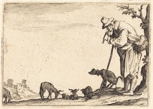 Shepherd Playing Flute by Jacques Callot, created c. 1622, in etching on laid paper. Download this artwork as a high-resolution wallpaper for desktop, tablet, o — Jacques Callot Wallpaper