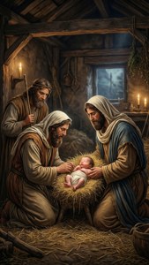 Carta da parati Monogrammist HFE raffigurante pastori che adorano il neonato.