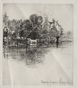 Shepperton by Francis Seymour Haden, created 1864, in etching. Download this artwork as a high-resolution wallpaper for desktop, tablet, or mobile. — Francis Seymour Haden Wallpaper