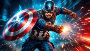 Captain America's shield flies toward the camera in a burst of motion.