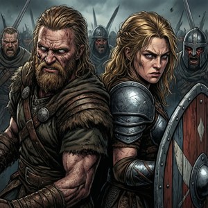 Sfondo in stile fumetto di Ivar il Senz'ossa schiena contro schiena con una fanciulla scudiera.