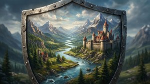 Surreal kunst av Naofumis skjold forvandlet til et fantasy-landskap.
