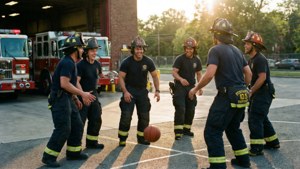 Vigili del fuoco NYFD giocano a basket nell'ora d'oro nel vialetto della caserma.