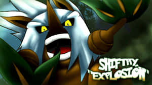 An angry cartoon monster with white fur and green leaves roars in a dark forest. — Mad Picture