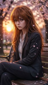 Shiho Sawaragi sitter på en parkbenk ved solnedgang, melankolsk, kirsebærblomster.